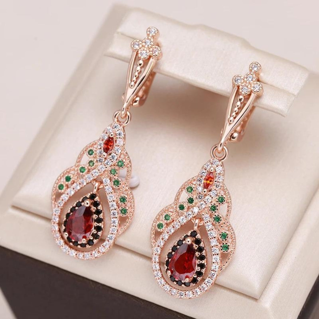 Red mandala earrings with zirconia in gold "Cocktail Hour" – Elegant & refined