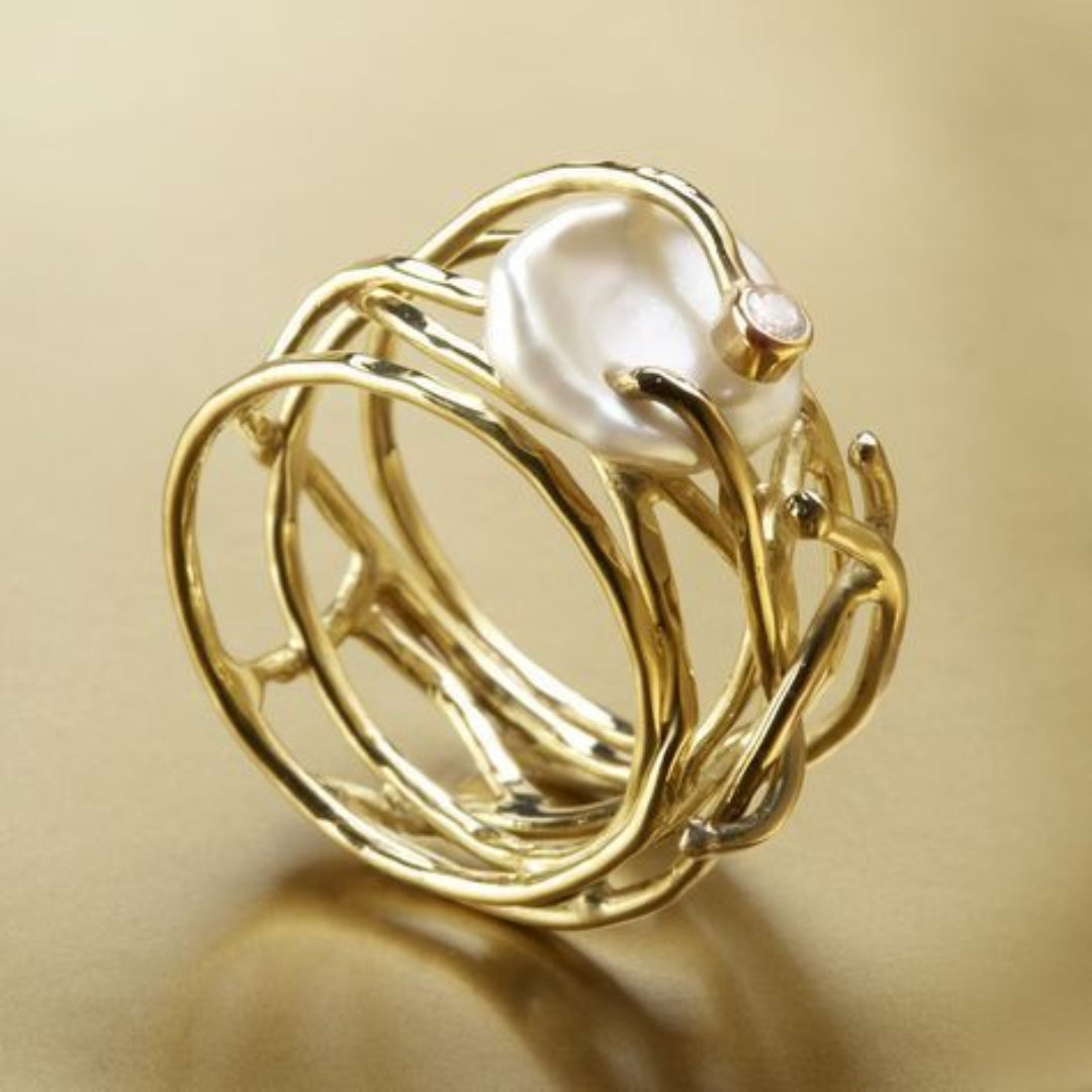 Vintage thin golden & pearl ring "Sunset Soirée" – Elegant & refined