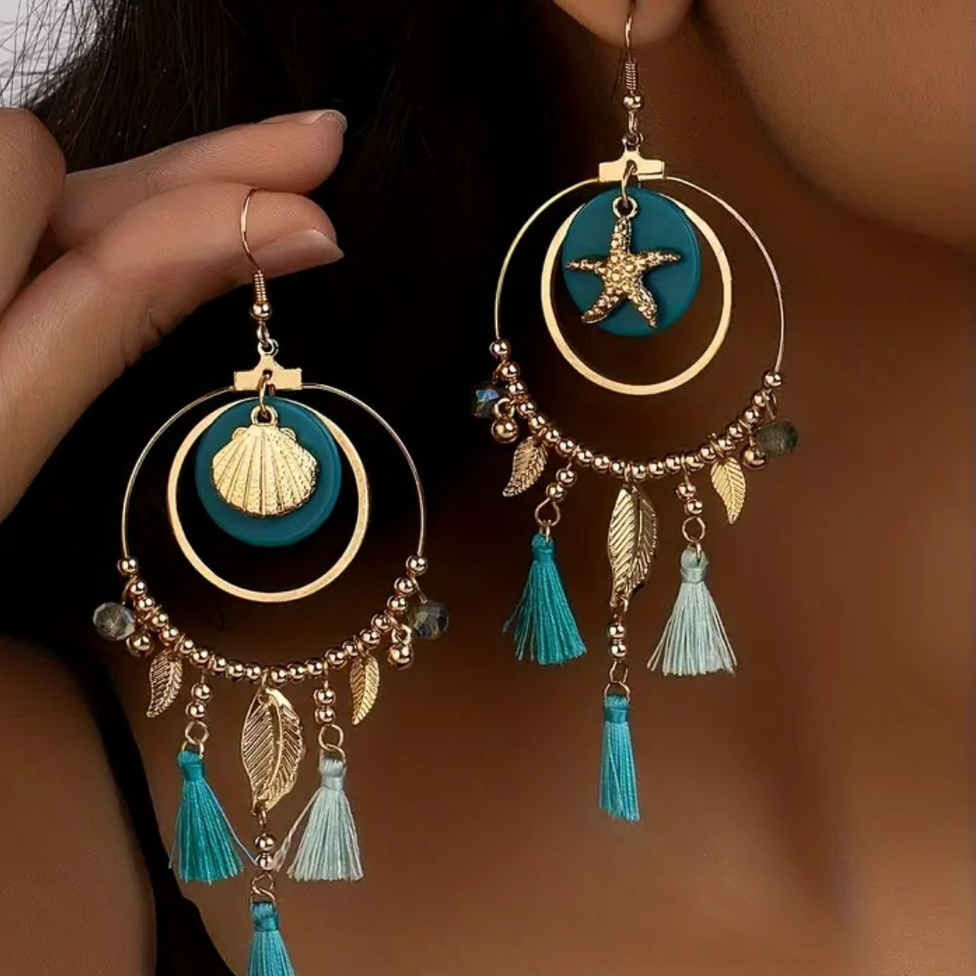 Blue dangling gold sea earrings "Beach Walk" – Elegant & refined