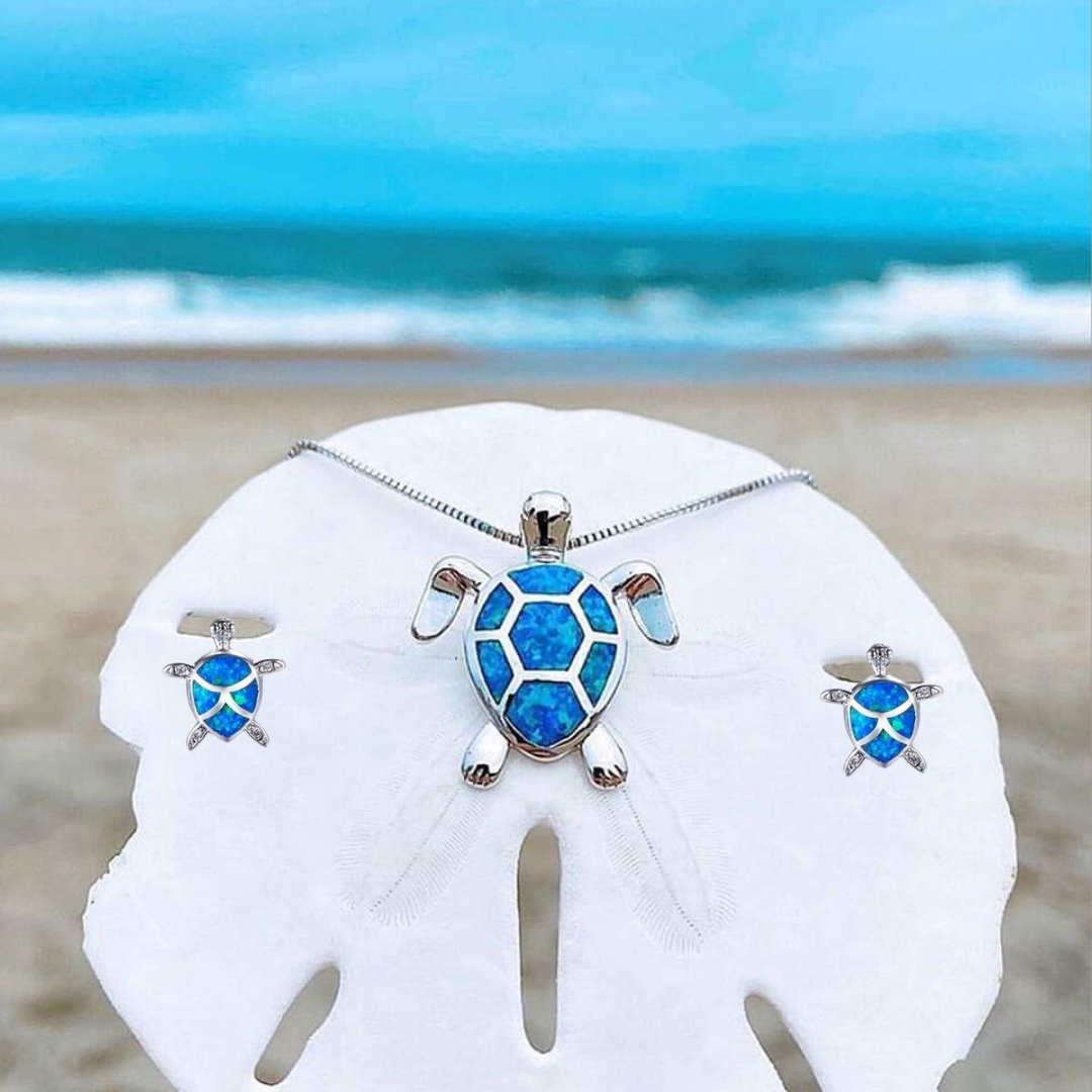 Opal and silver sea turtle necklace and earrings set "Beach Walk" – Elegant & refined