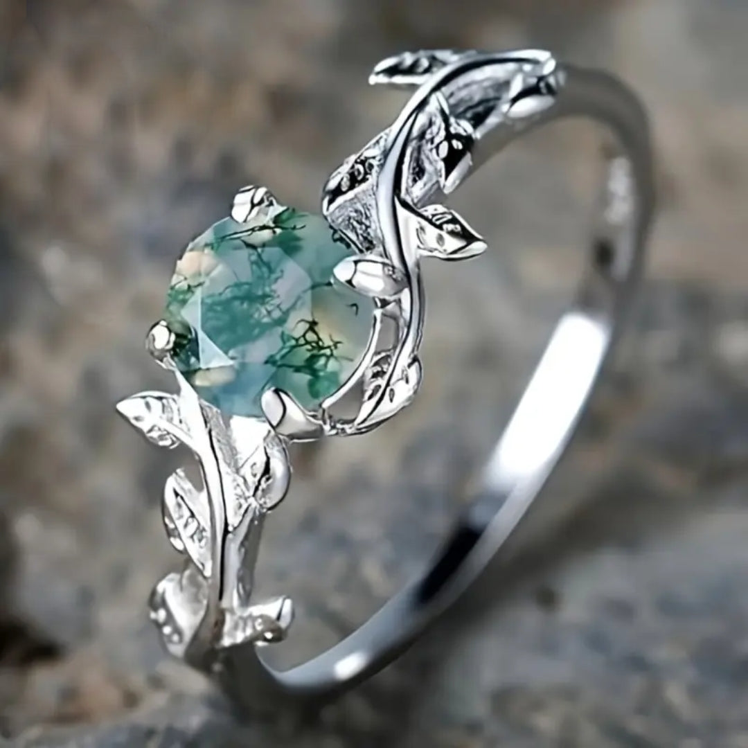 Vintage green stone silvered ring "Sunset Soirée" – Elegant & refined