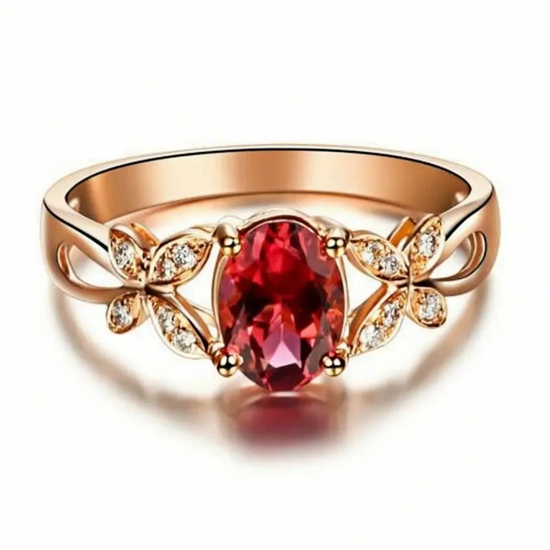 Red Oval Zirconia Butterfly Gold Ring "Cocktail Hour" – Elegant & refined