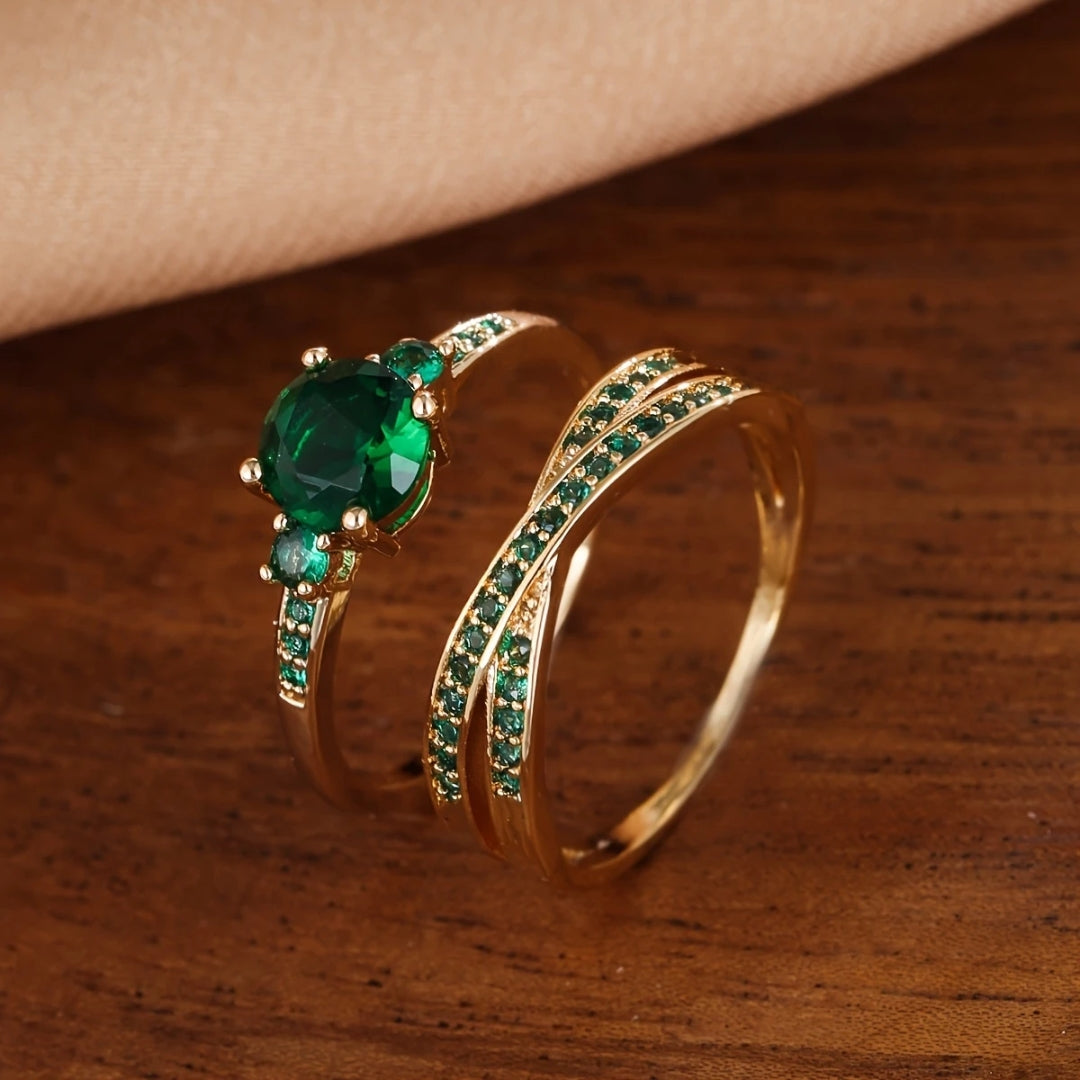 Inlaid green crystal gold ring set "Sunset Soirée" – Elegant & refined