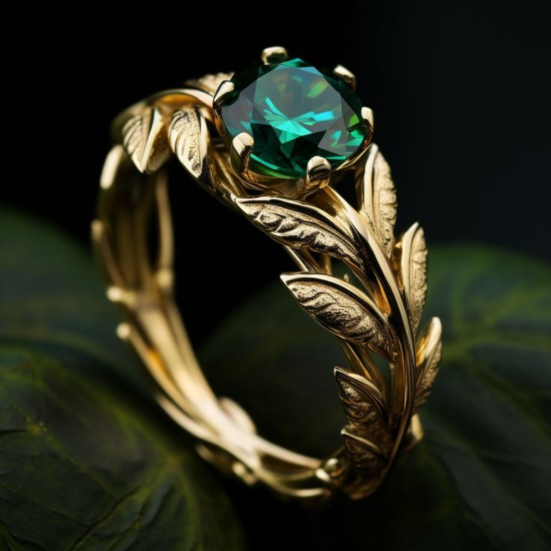 Green crystal gold leaf ring "Romantic Dinner" – Elegant & refined