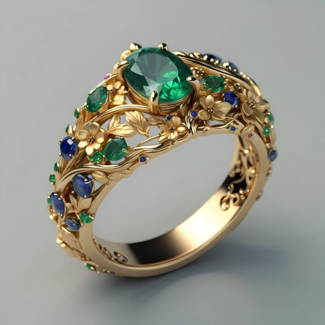 Green & Blue Crystal Gold Ring "Romantic Dinner" – Elegant & refined