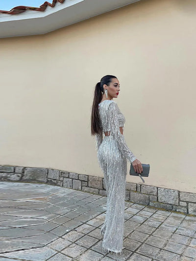 Sequins tassel crop top two-piece set