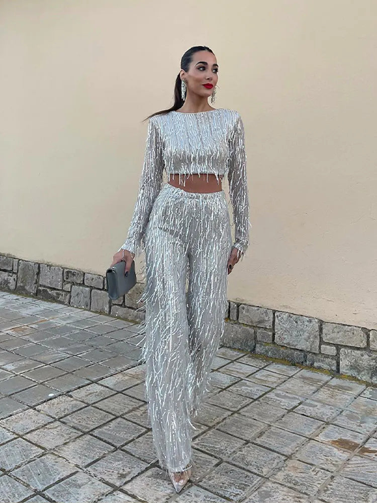 Sequins tassel crop top two-piece set