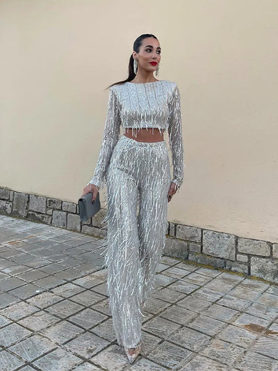 Sequins tassel crop top two-piece set