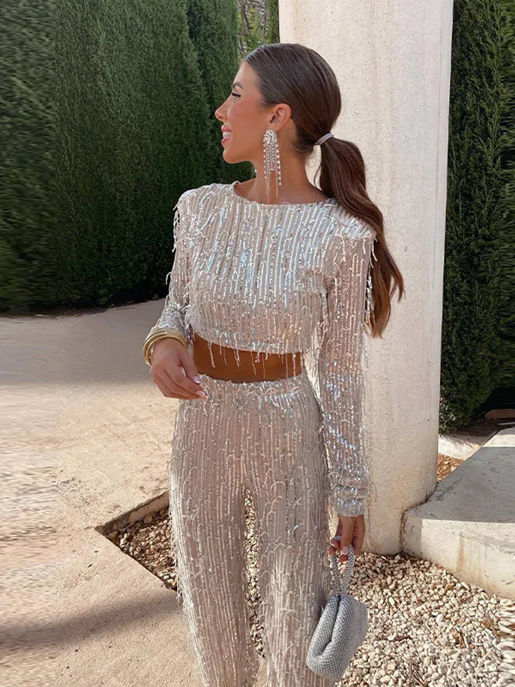 Sequins tassel crop top two-piece set