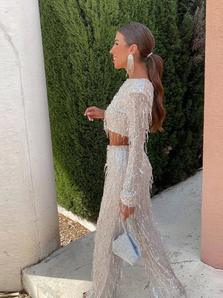 Sequins tassel crop top two-piece set