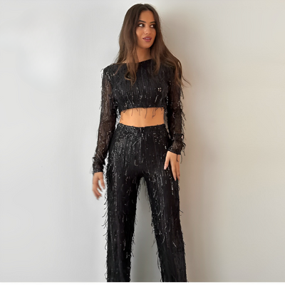 Sequins tassel crop top two-piece set