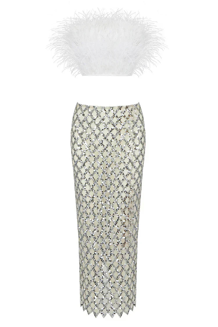 Fur top and sequin skirt set