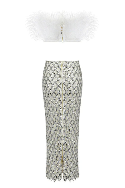 Fur top and sequin skirt set