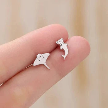 Mismatched Kawaii Hammerhead Shark and Manta Ray Stud Earrings "Beach Walk" – Joyful & polished