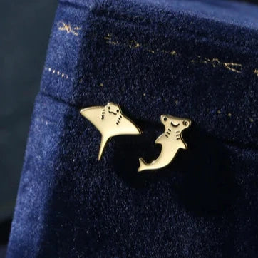 Mismatched Kawaii Hammerhead Shark and Manta Ray Stud Earrings "Beach Walk" – Joyful & polished