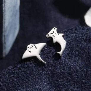 Mismatched Kawaii Hammerhead Shark and Manta Ray Stud Earrings "Beach Walk" – Joyful & polished