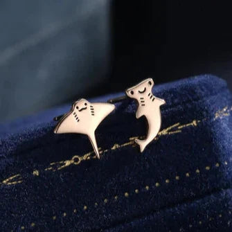 Mismatched Kawaii Hammerhead Shark and Manta Ray Stud Earrings "Beach Walk" – Joyful & polished