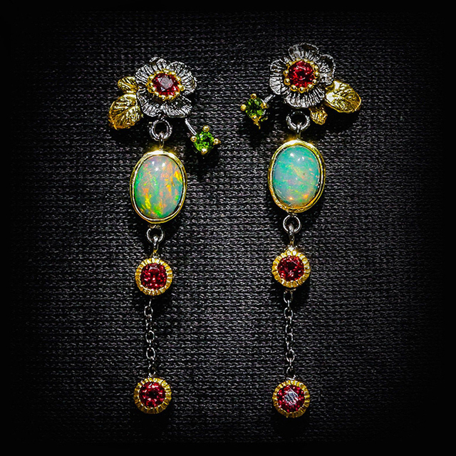 Boho earrings with opal and red zirconia "Sunset Soirée" – Chic & casual