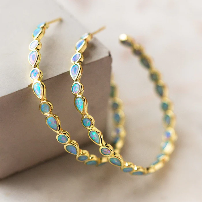 Vintage Blue Opal Golden Hoop Earrings "Cocktail Hour" – Elegant & refined