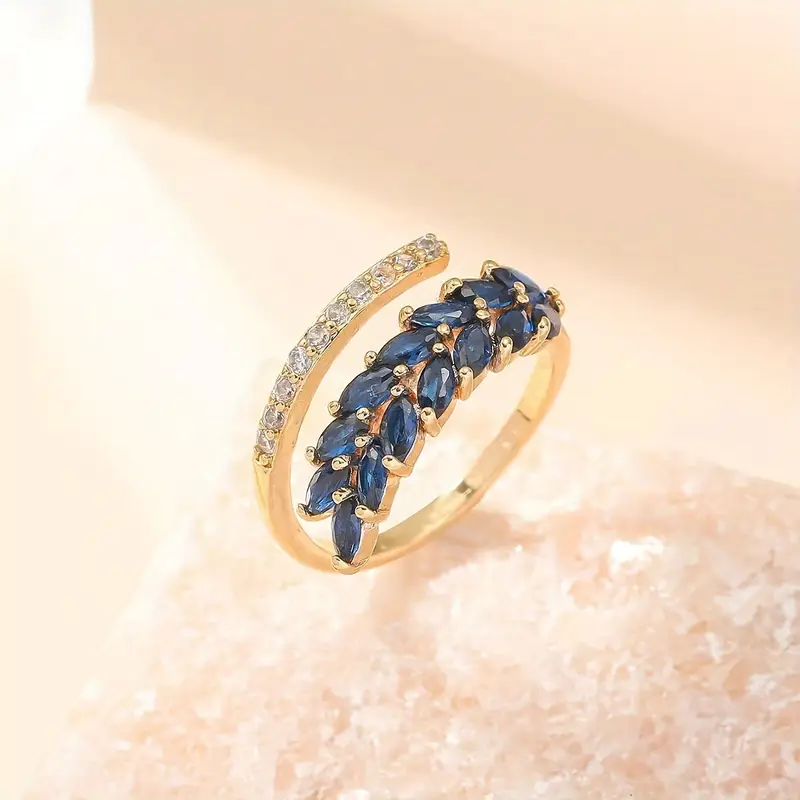 Open Blue Crystal Leaf Ring "Sunset Soirée" – Elegant & refined