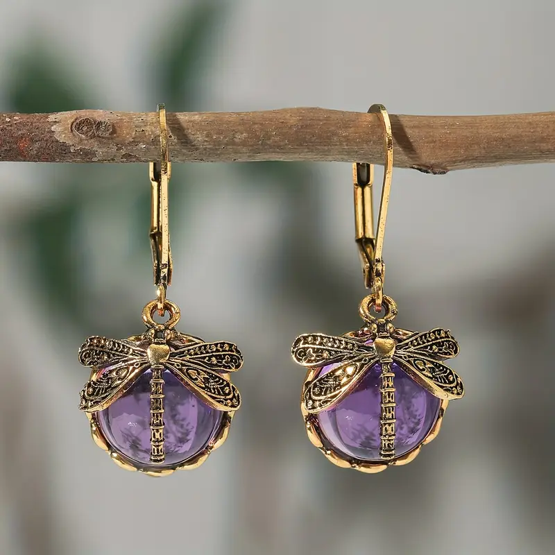 Purple Dragonfly Crystal Gold Earrings "Cocktail Hour" – Elegant & refined