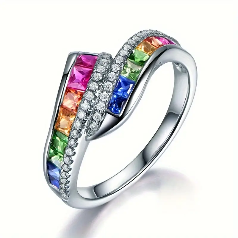 Colorful inlaid crystals silver ring "Sunset Soirée" – Elegant & refined