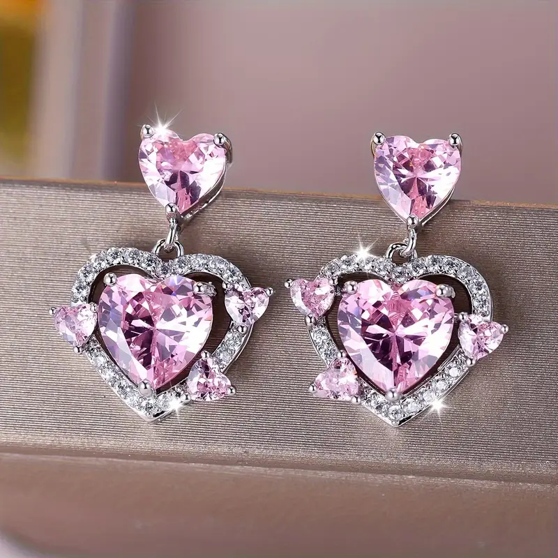 Pink zirconia heart silver earrings "Romantic Dinner" – Elegant & refined