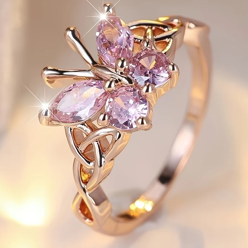 Pink butterfly gold ring