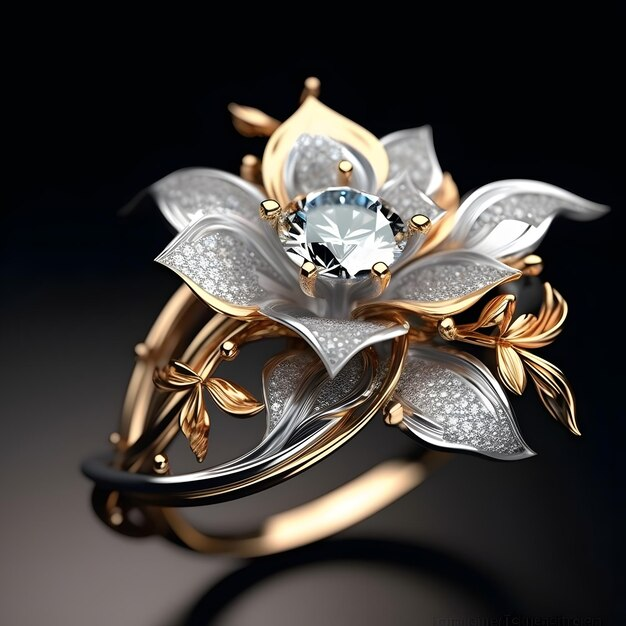 Exotic grey blossom gold ring