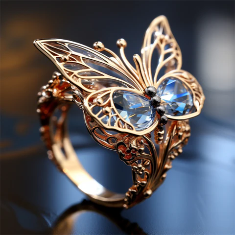 Blue crystal golden butterfly ring "Sunset Soirée" – Elegant & refined