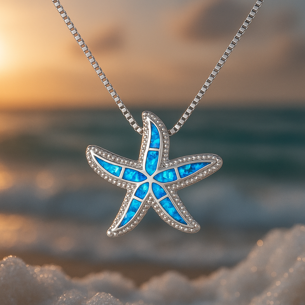 Blue bright starfish opal silver necklace "Beach Walk" – Elegant & refined