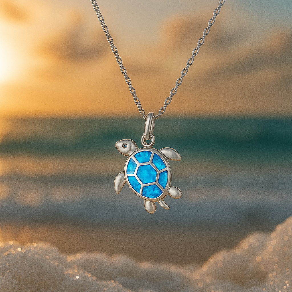 Blue Opal Turtle Silver Necklace "Beach Walk" – Elegant & refined