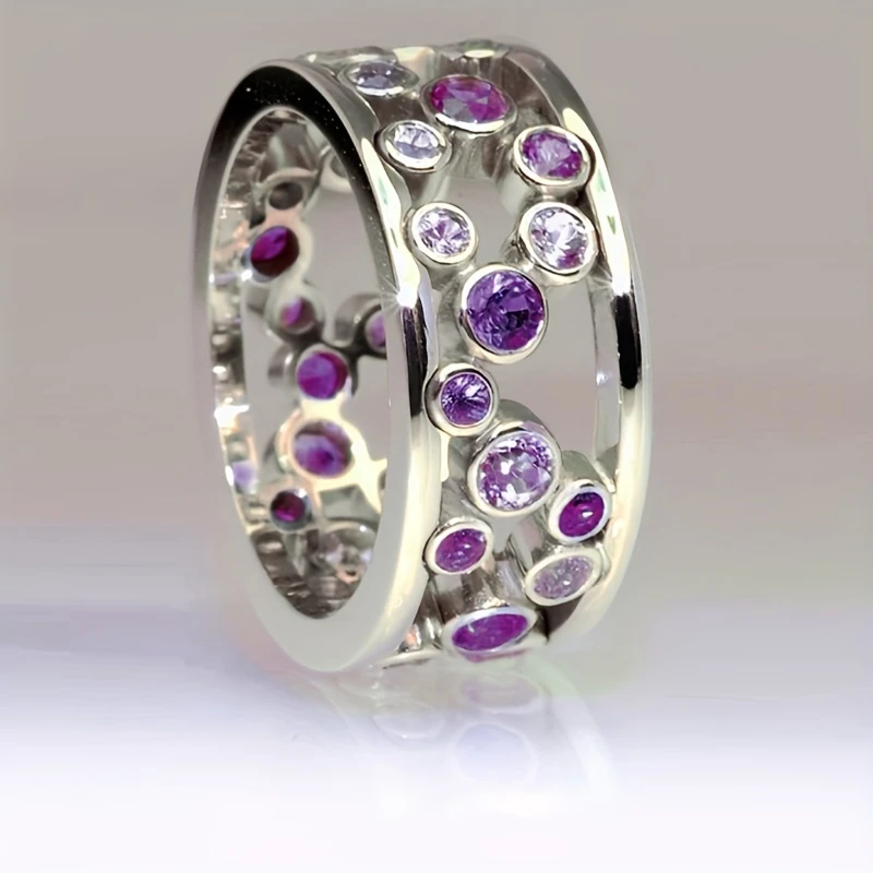 Purple inlaid crystal silver hollow ring "Romantic Dinner" – Elegant & refined