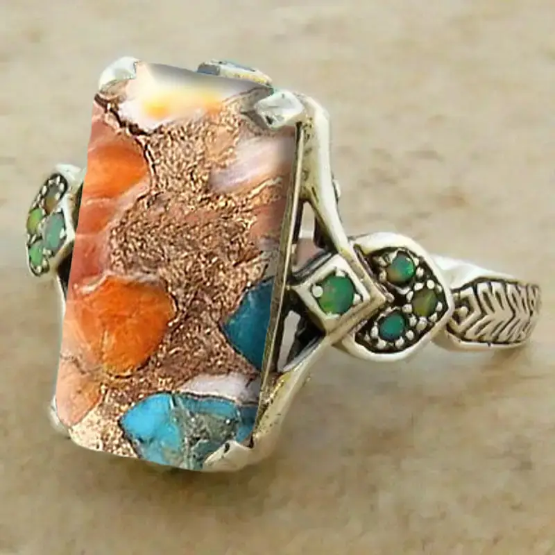 Colorful stone rectangular silvered ring "Sunset Soirée" – Elegant & vibrant