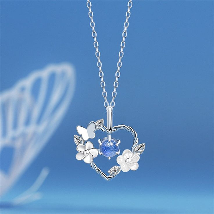 Floral blue crystal heart silver necklace "Romantic Dinner" – Elegant & refined