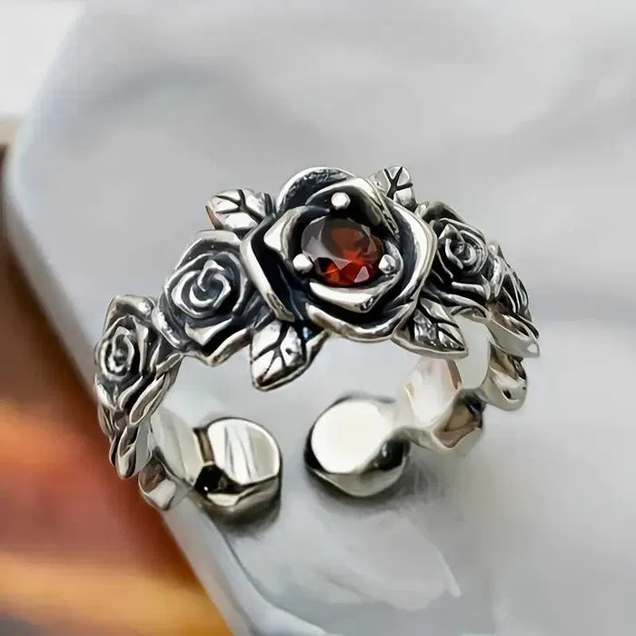 Adjustable orange crystal silvered flower ring "Garden Party" – Elegant & refined