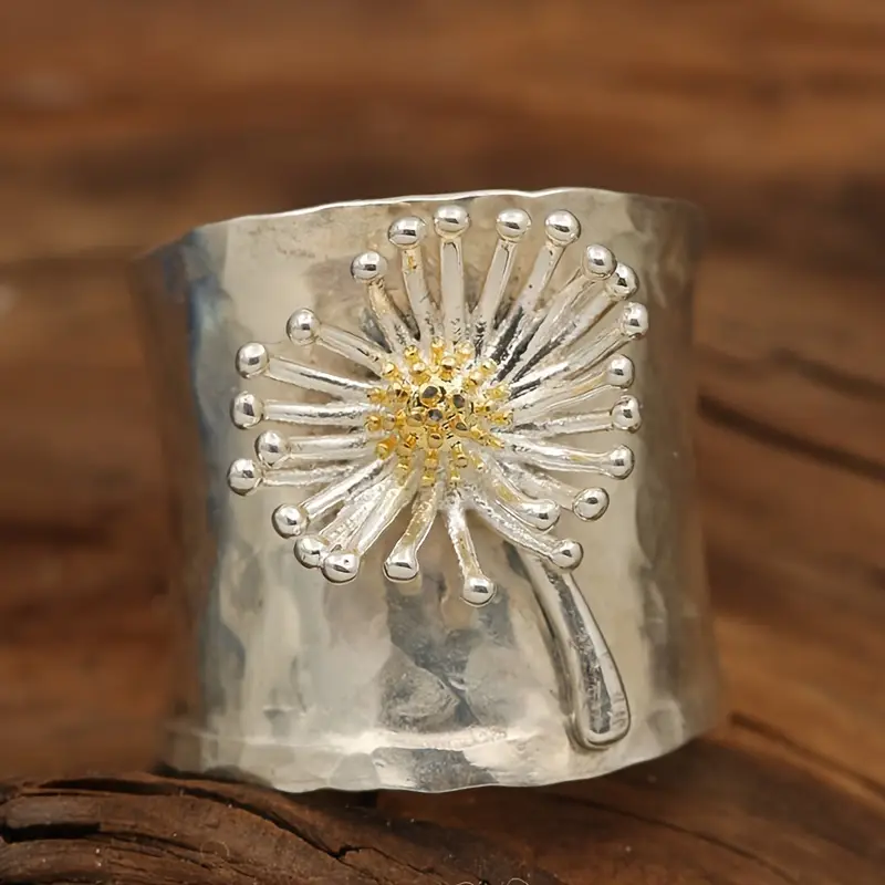 Inlaid sunflower silvered ring "Sunset Soirée" – Elegant & refined