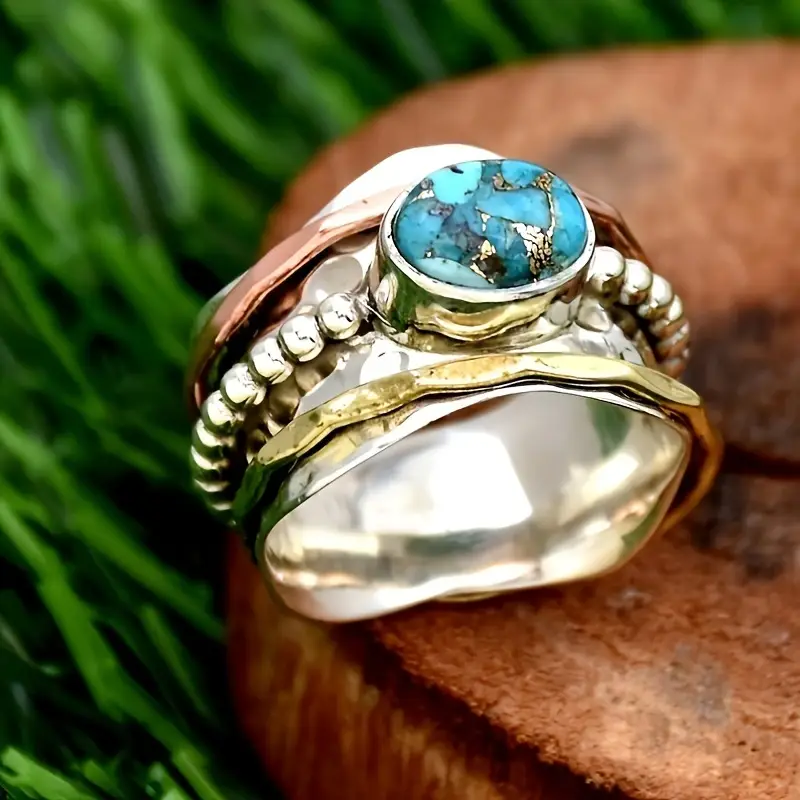 Blue inlaid stone silvered beads ring "Sunset Soirée" – Elegant & refined