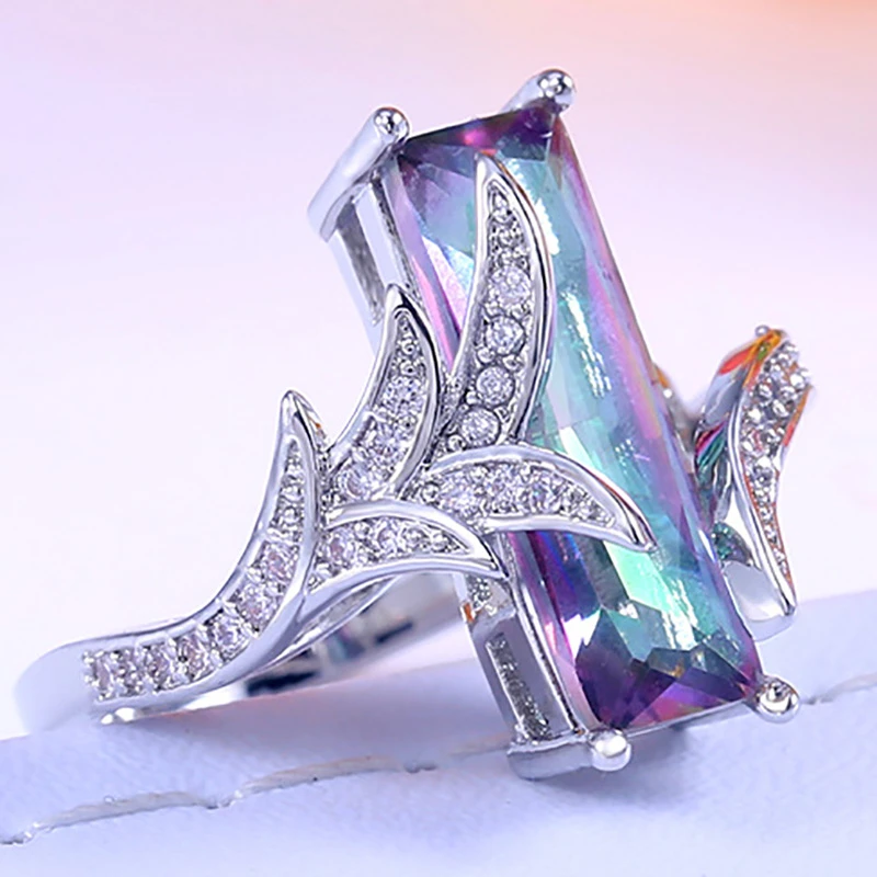 Rectangular blueish crystal silver ring "Sunset Soirée" – Elegant & refined