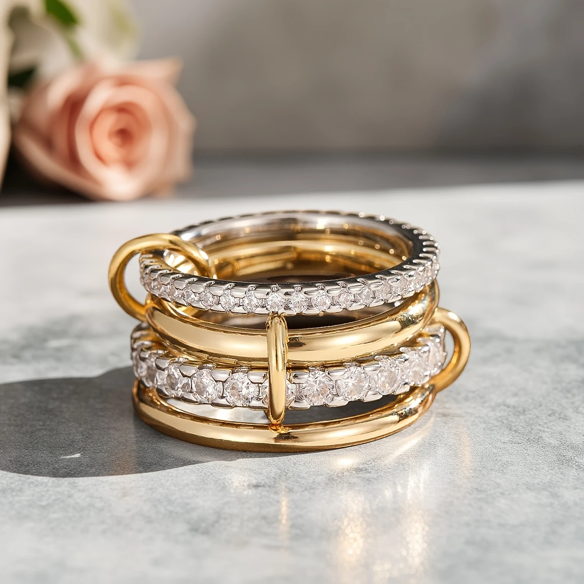 Layered gold & silver zirconia ring "Cocktail Hour" – Elegant & refined
