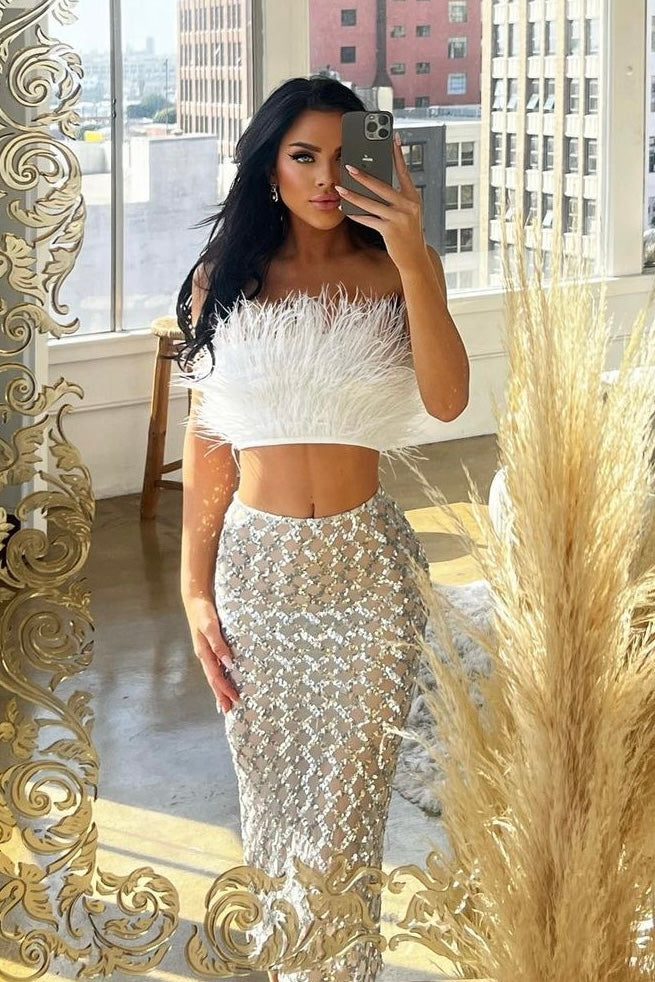 Fur top and sequin skirt set