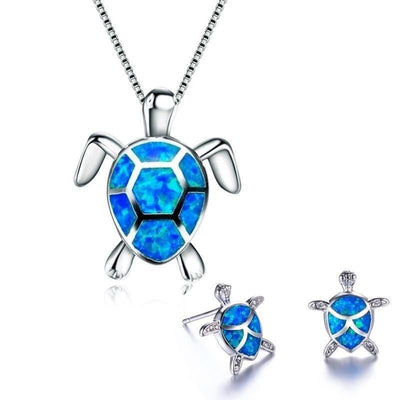 Opal and silver sea turtle necklace and earrings set "Beach Walk" – Elegant & refined