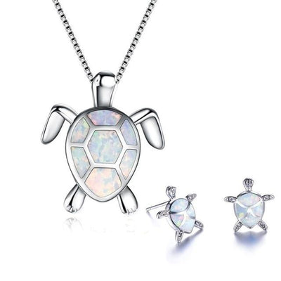 Opal and silver sea turtle necklace and earrings set "Beach Walk" – Elegant & refined