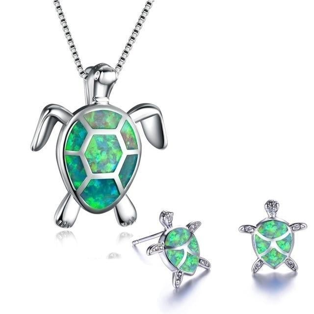 Opal and silver sea turtle necklace and earrings set "Beach Walk" – Elegant & refined