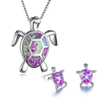 Opal and silver sea turtle necklace and earrings set "Beach Walk" – Elegant & refined
