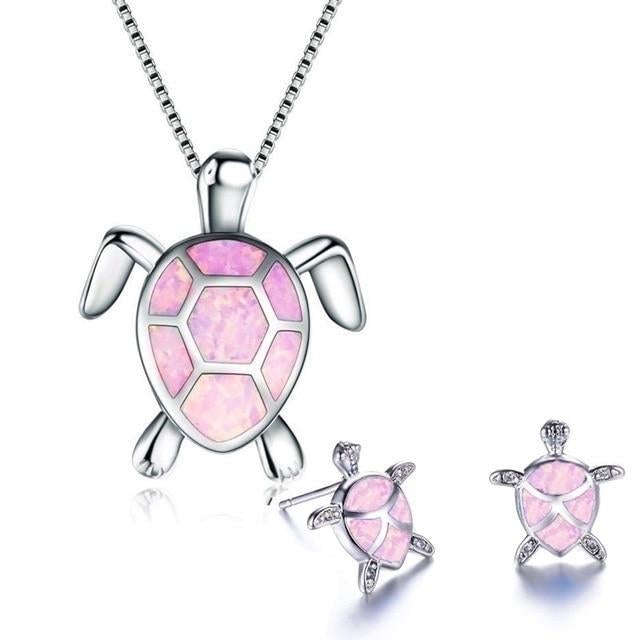 Opal and silver sea turtle necklace and earrings set "Beach Walk" – Elegant & refined