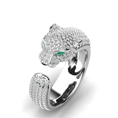 Adjustable jaguar ring in 18K silver and rose gold with green zirconia eyes – Timeless & chic